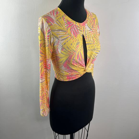 RED CARTER Yellow Pink Top Stretch Tropical Split Front Crew Neck Size Small S - Picture 6 of 12